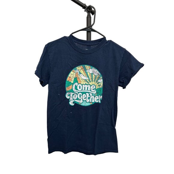 Come Together Print Navy Blue Short Sleeve Crew Neck Graphic Tee SZ Small - Picture 1 of 7